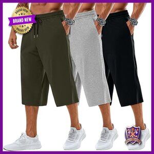 3 Pack Men's Baggy Capri Pants Plus Size Below Knee Casual Drawstring